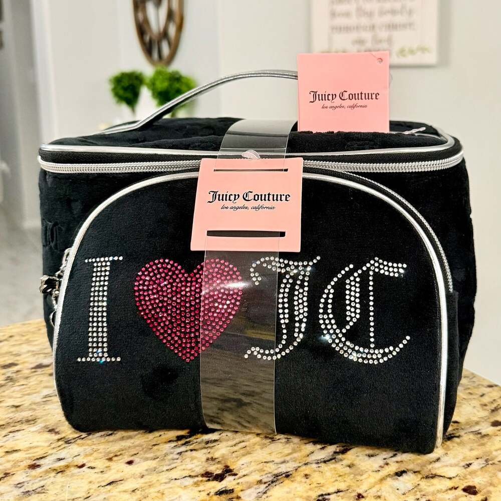 Juicy Couture Black Velour I Love JC Rhinestone Cosmetic Train Case Set